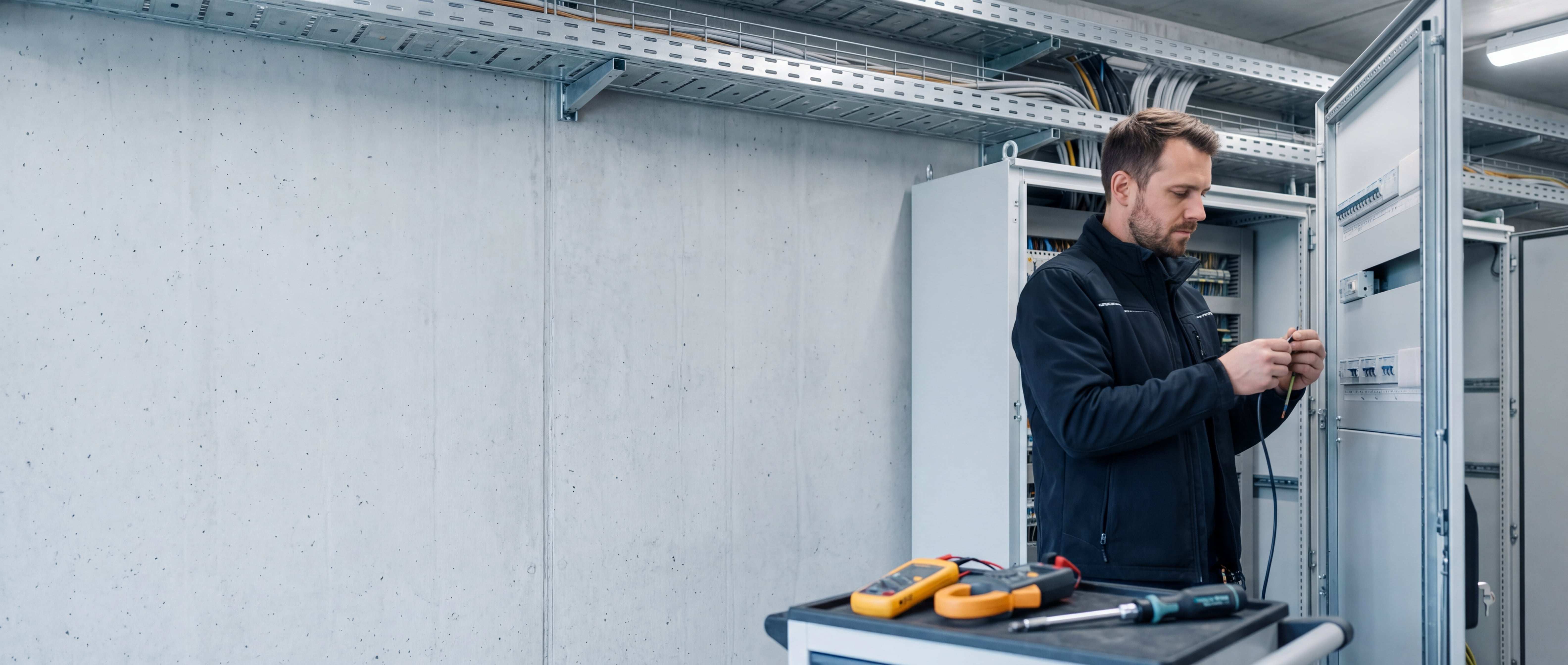 Elektromeister bei präziser Arbeit an einer Niederspannungs-Verteilung im Technikraum