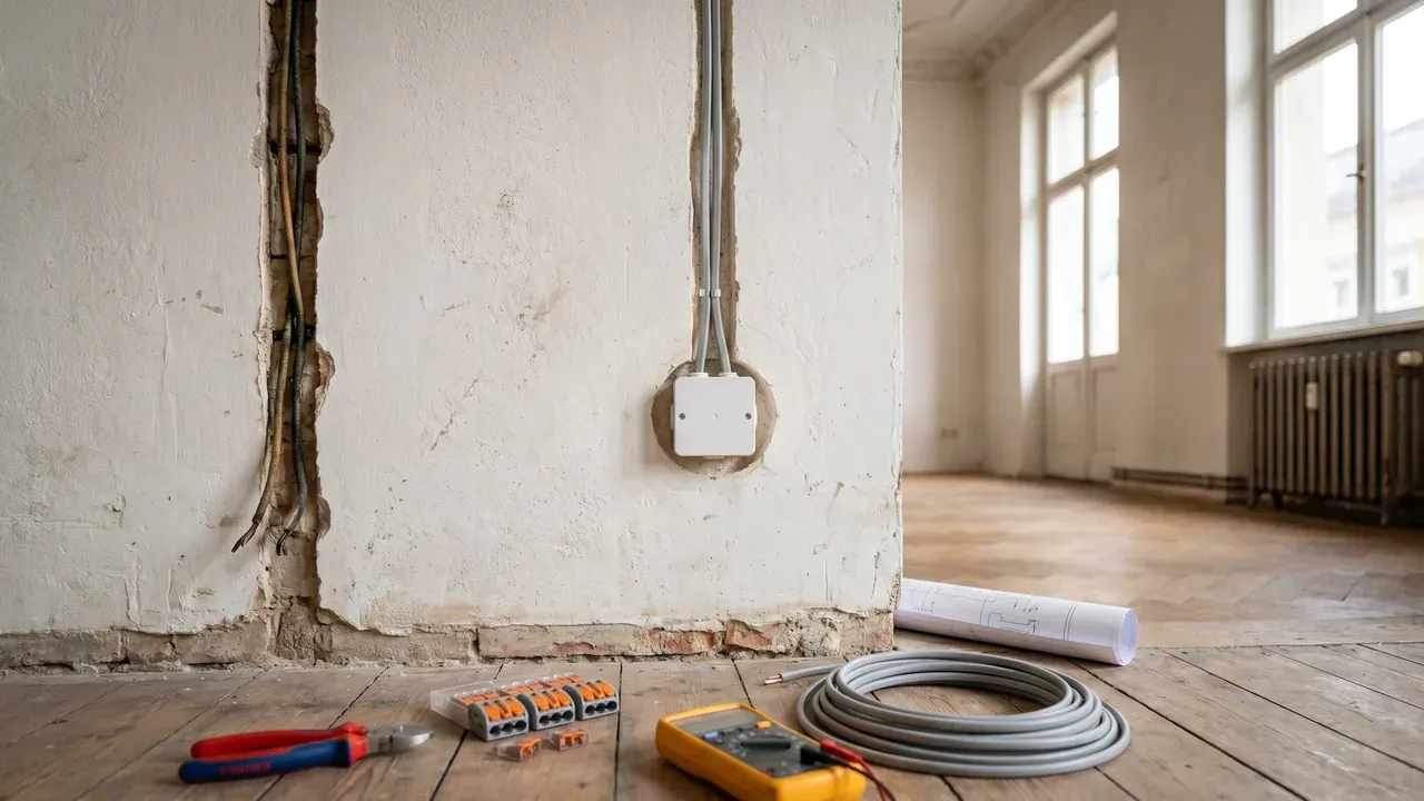Altbau-Wand mit freigelegter Altverdrahtung neben neu installierter Unterputzdose und Elektrowerkzeug auf dem Dielenboden