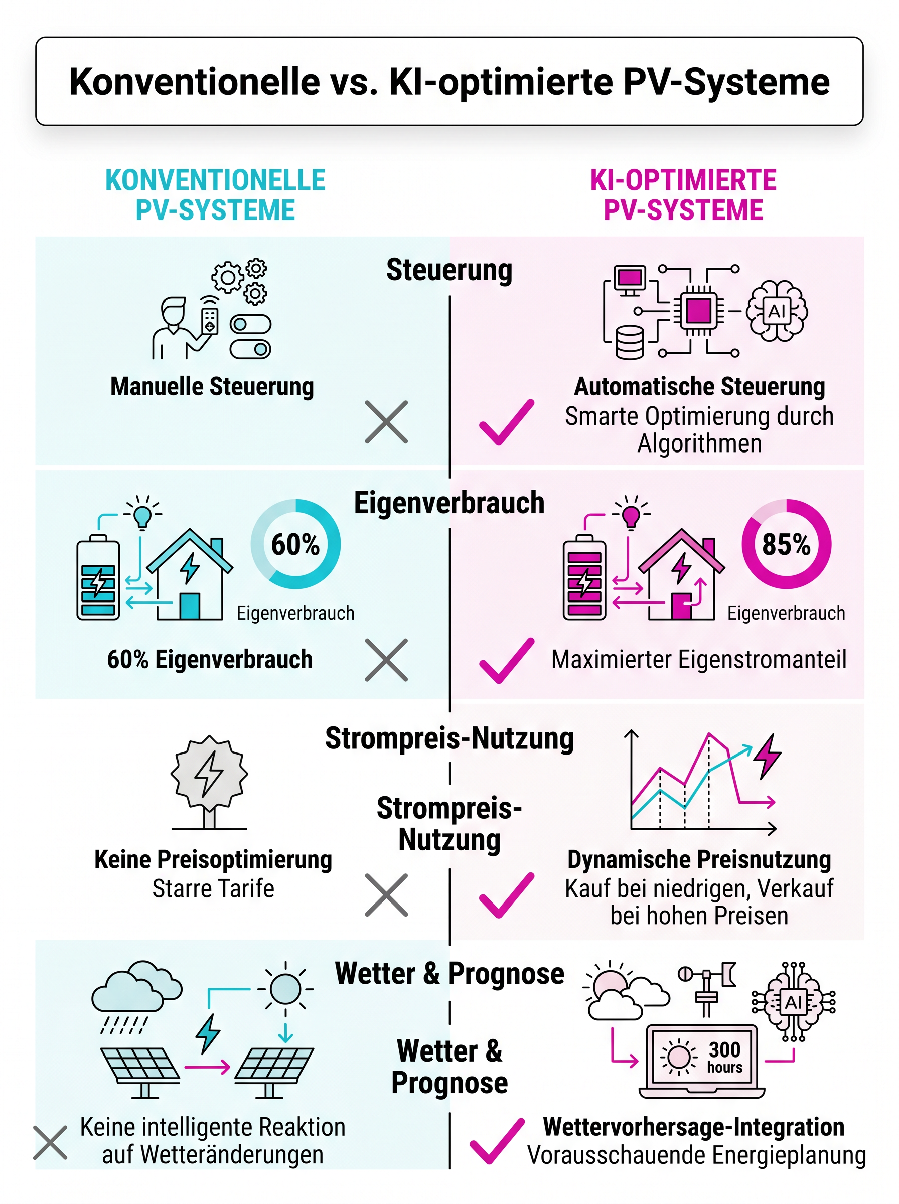 Konventionelle vs. KI-optimierte PV-Systeme