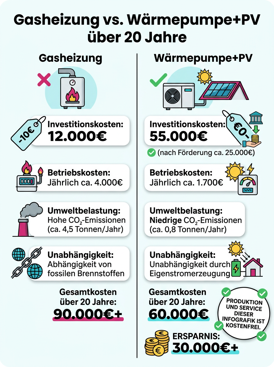 Gasheizung vs. Wärmepumpe+PV über 20 Jahre